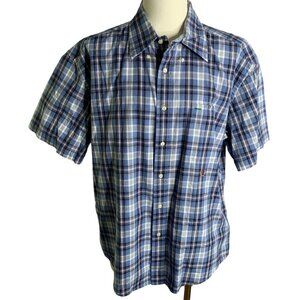 Tommy Hilfiger Button Down Short Sleeve Shirt XL Blue White Plaid Chest Pocket